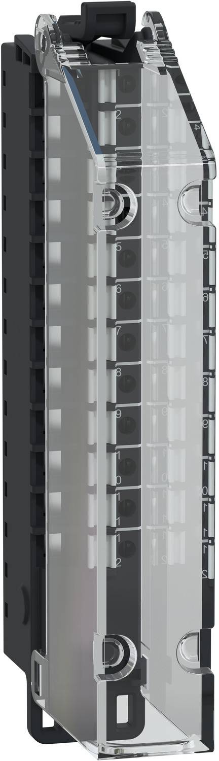 Transparent circuit breaker with black side housing, shown in a vertical close-up against a white background.