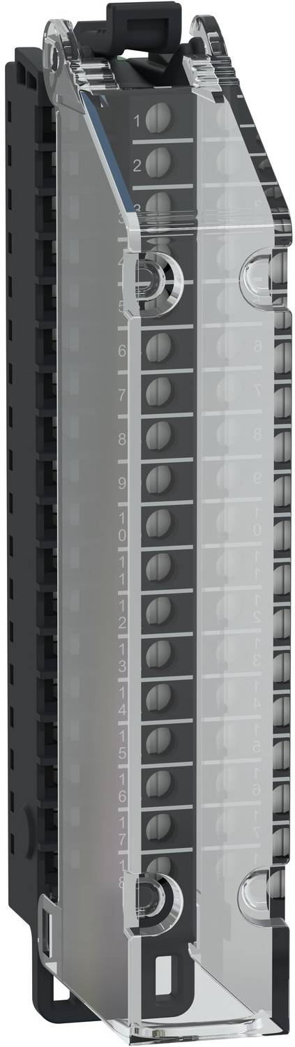 Clear electrical circuit breaker with transparent cover, showing internal components and a black side housing.<br>