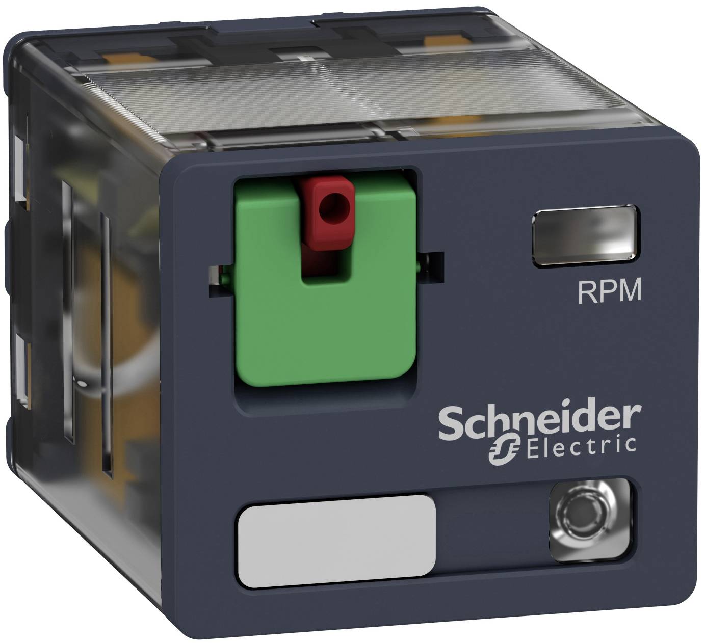 Schneider Electric RPM relay module with translucent case, green/red test button, and front status window.