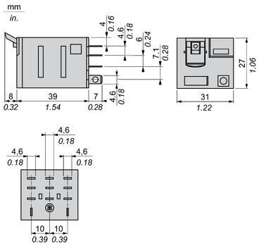 Technical dimension drawing of a small electrical component with front, side, and top views labeled in mm and inches.