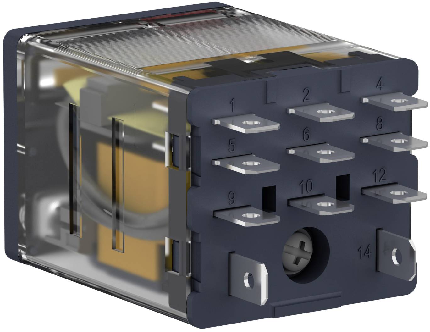 Transparent electrical relay with 14 metal terminals, shown in perspective view.