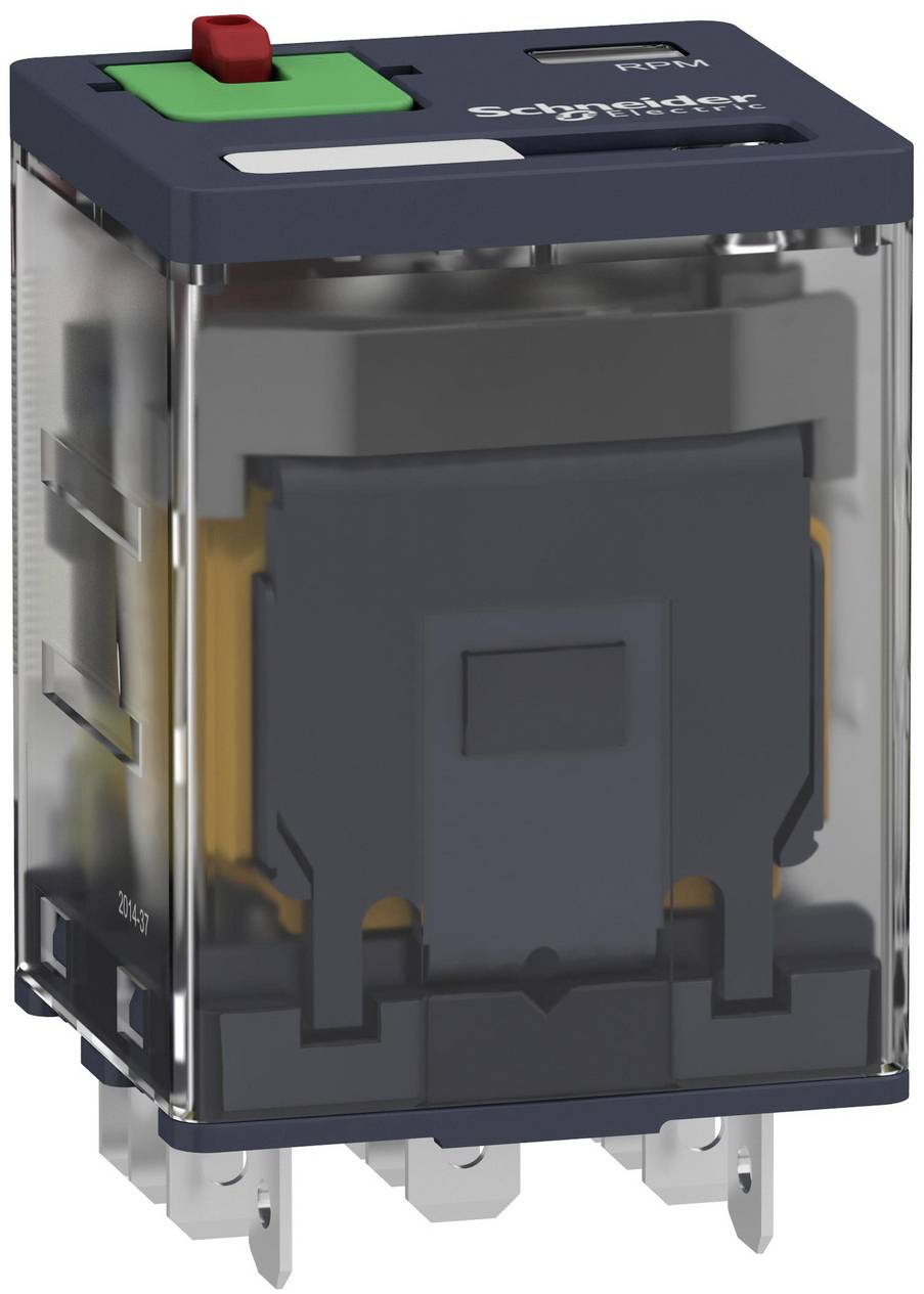 Clear-cased Schneider Electric electrical relay/module with a red manual test button and metal terminals underneath.