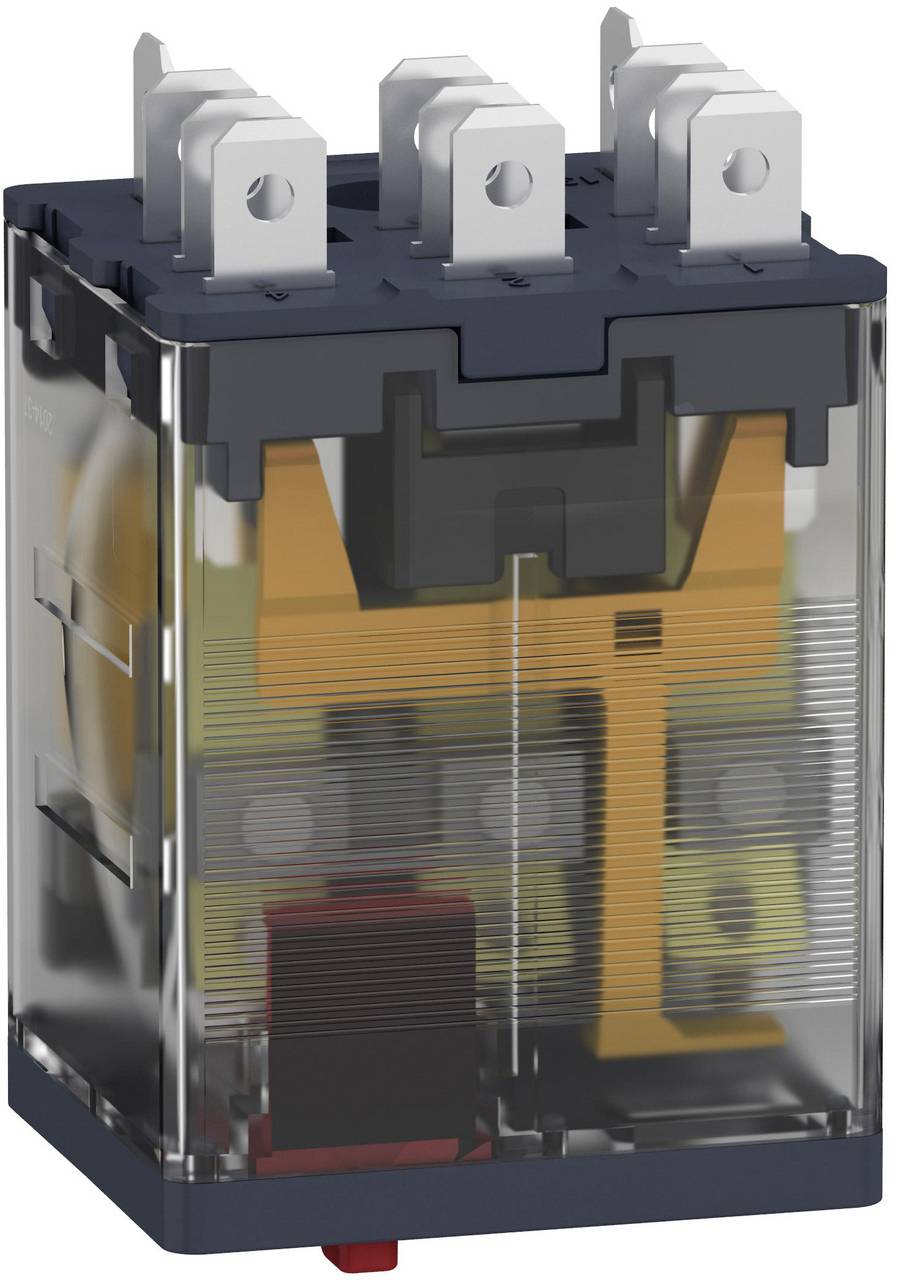 Transparent electrical relay with three top terminals, showing visible internal coil and switch mechanism inside a dark plastic case.