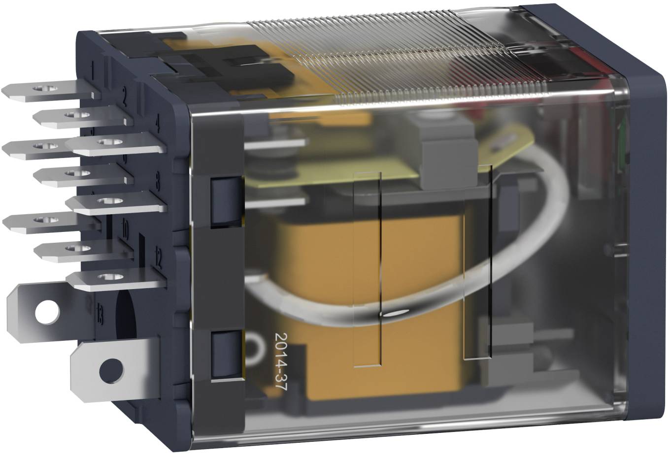 Transparent electrical relay with metal terminals and visible internal coil and contacts inside a black plastic housing.