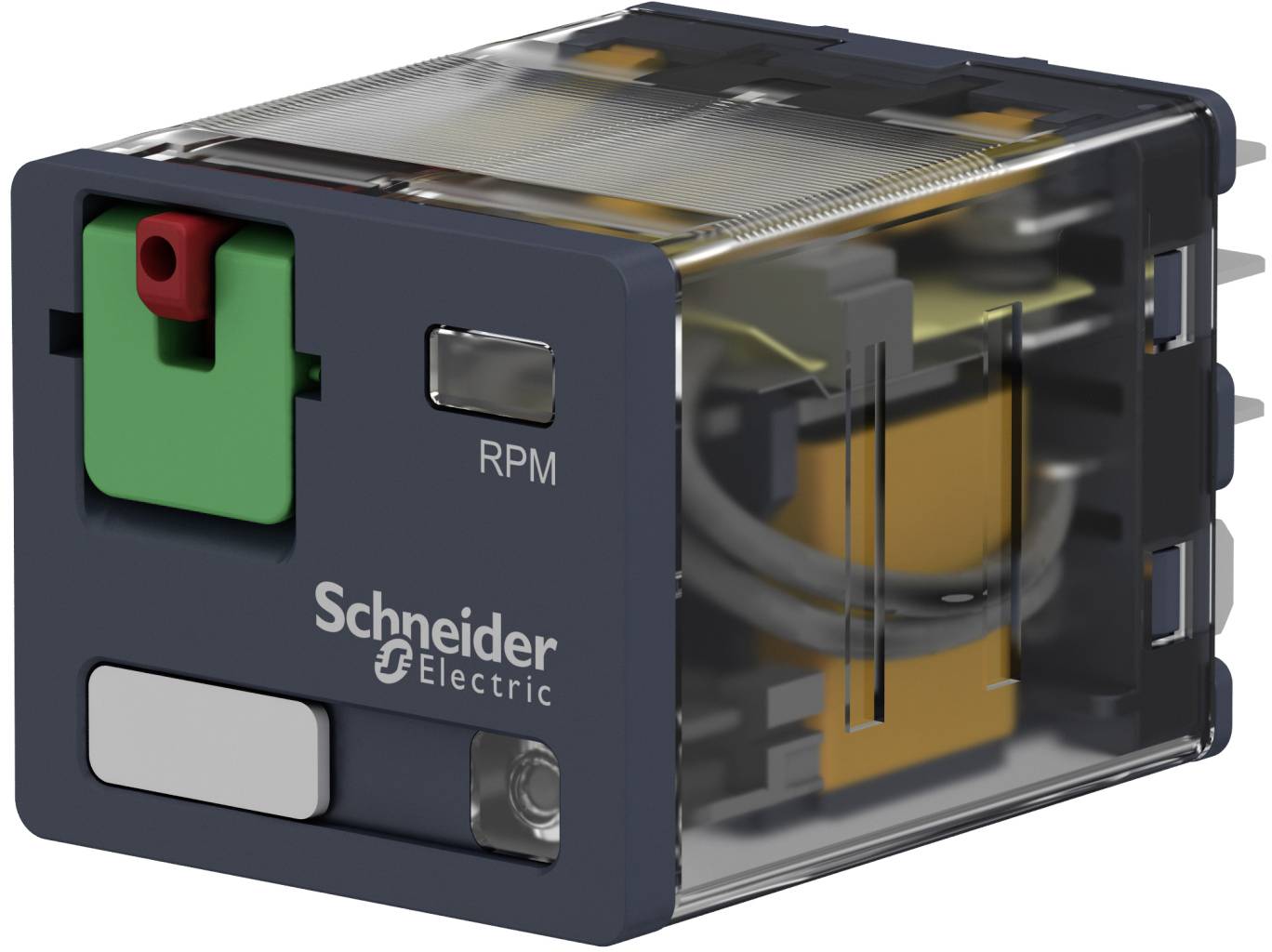 Schneider Electric industrial relay module with transparent cover, showing internal coil and contacts, front labeled 'RPM'.