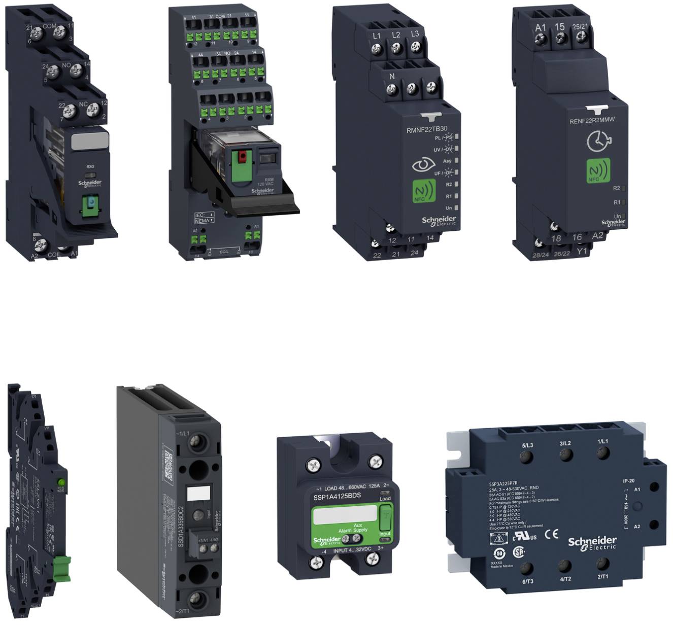 Collage of eight Schneider Electric modular electrical control relays and timers, showing various side and front views of DIN-rail components.