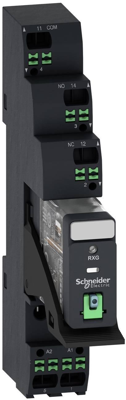 Photo of a Schneider Electric RXG relay module with socket and labeled terminals, shown in black plastic casing with green connection clips.