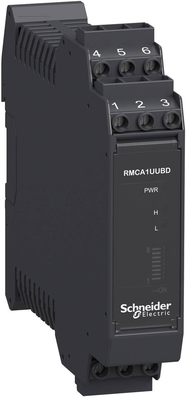 Schneider Electric RMCA1UUBD relay module with PWR, H, and L status indicators and numbered terminal connections 1-6.