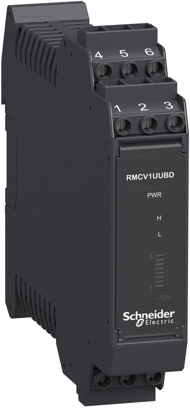 Schneider Electric RMCV1UUBD power relay module with numbered screw terminals and PWR, H, L status indicators.