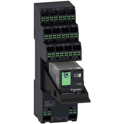 Schneider Electric RXM plug-in relay with green terminal blocks and coil connections, shown front view on a white background.