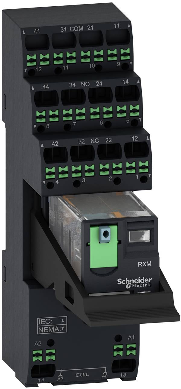Schneider Electric relay module with plug-in socket and green terminal blocks, labeled RXM, for industrial control wiring.