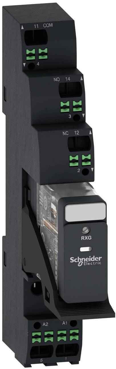 Schneider Electric RXG plug-in relay module with numbered terminals and indicator windows on a black DIN-rail mounted unit.