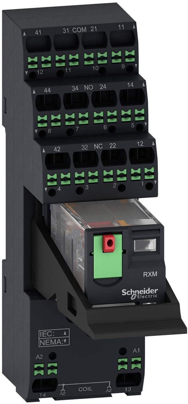 A Schneider Electric RXM plug-in relay module with multiple terminal blocks and a front release/indicator tab.