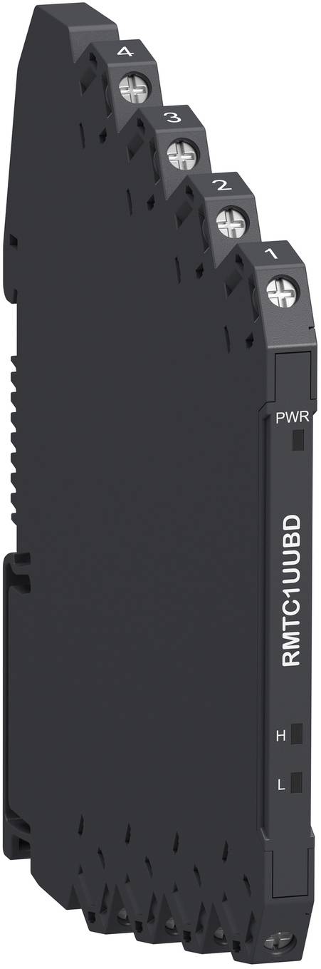 Industrial device module labeled 'RMTCU1UDB' with numbered status indicators, PWR light, and H/L markings on a black housing.