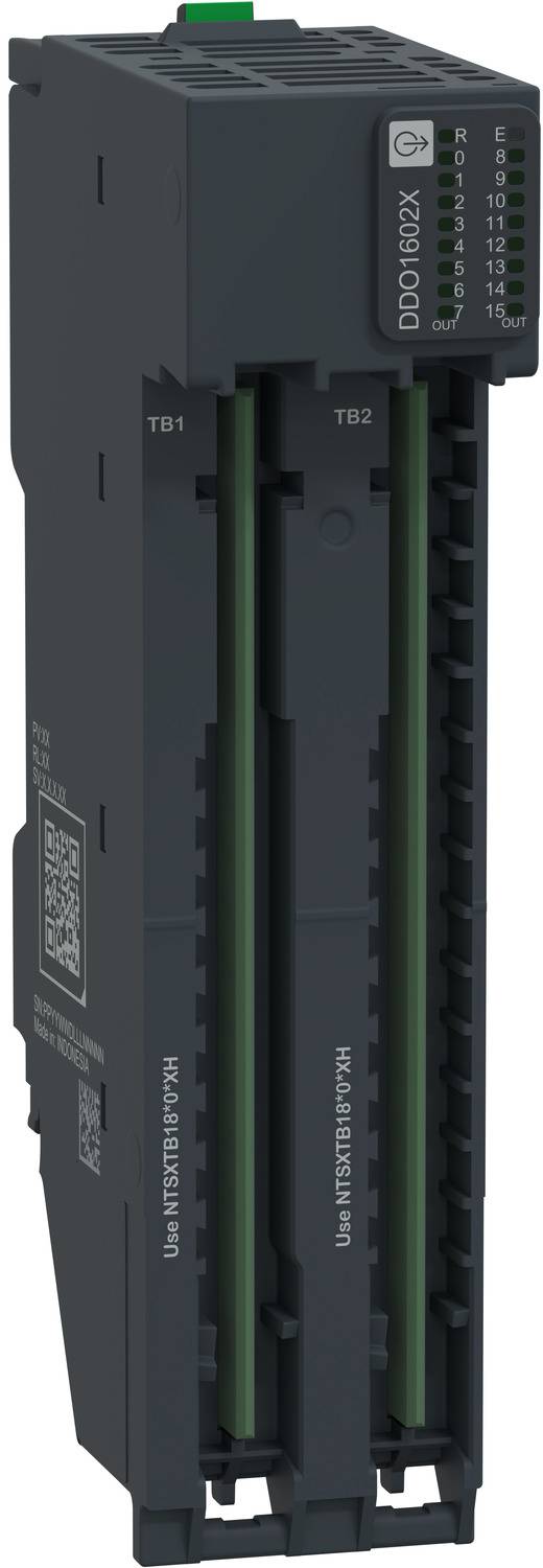Black industrial I/O module with two vertical terminal slots labeled TB1 and TB2, front status LEDs, and model marking on the side.