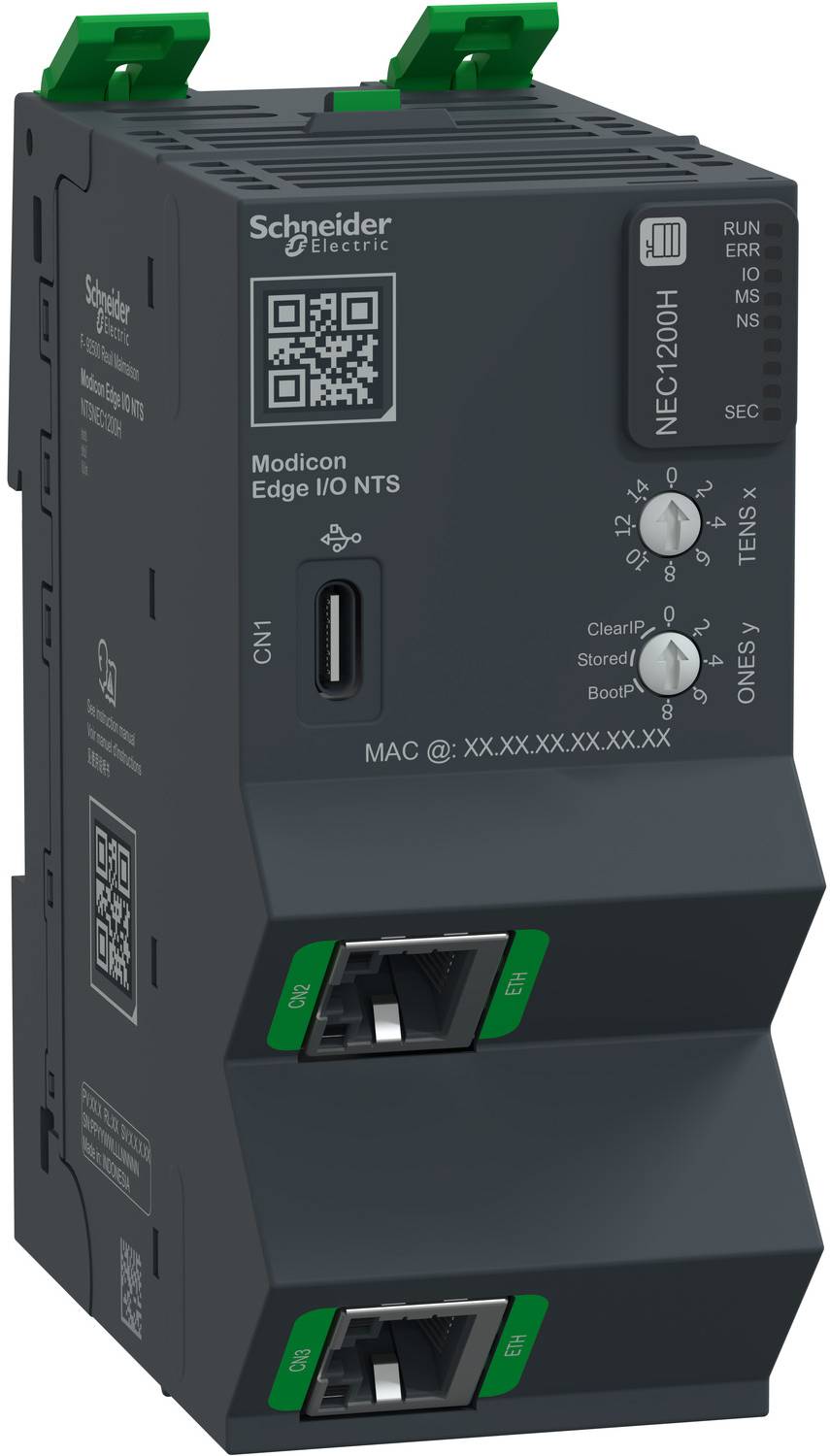 Schneider Electric Modicon Edge I/O NTS industrial controller module with QR code, USB port, status LEDs, and two front switches.