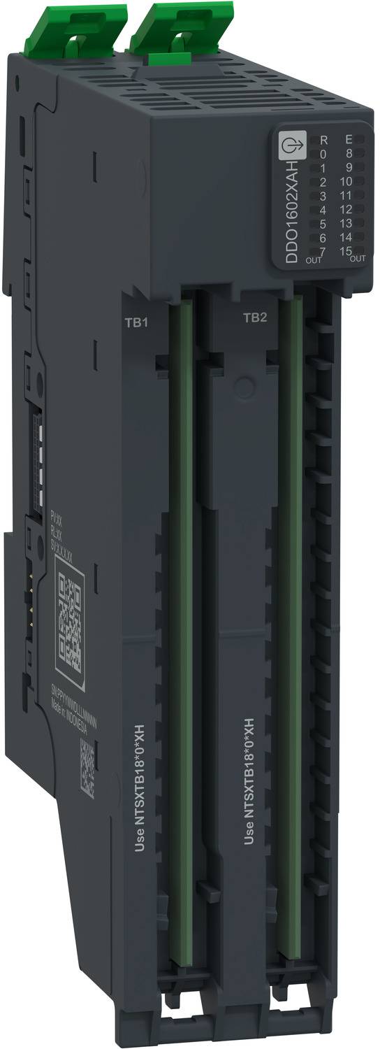 Black industrial electronic module with two green top connectors and front terminal labels TB1 and TB2, shown in side view on a white background.