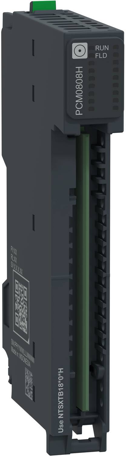 Industrial PLC I/O module with green connector and status indicator lights, labeled PCM0080H and RUN/FLD, shown in a side view.<br>