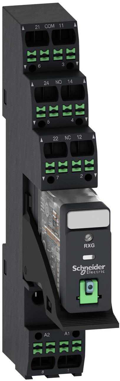 Schneider Electric RXG plug-in relay module with labeled terminal blocks and a green test/latch button on a black DIN-rail style housing.