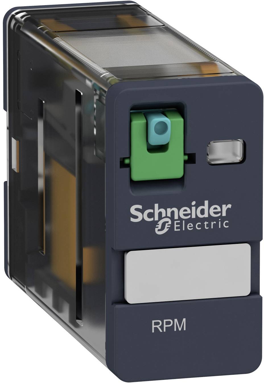 Schneider Electric RPM relay module with green latch and labeled front panel.<br>