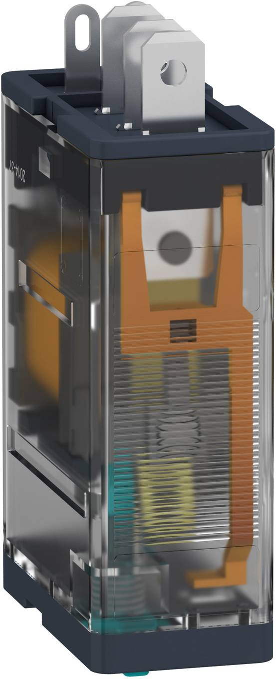 Transparent industrial electrical relay or contactor with visible orange internal components and metal terminals on top