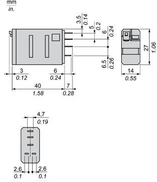 Dimensional technical drawing of a small rectangular electronic component, showing front, side, and top views with measurements in mm and inches.