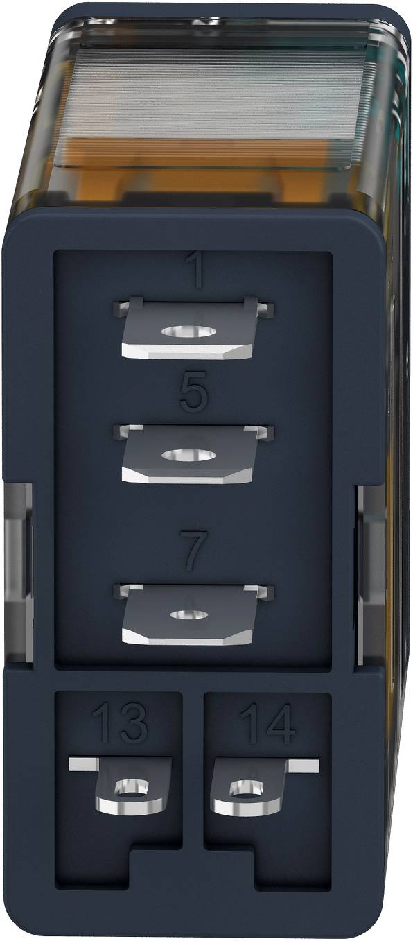Close-up of a dark blue electrical connector with numbered terminals 1, 5, 7, 13, and 14 visible on the front.