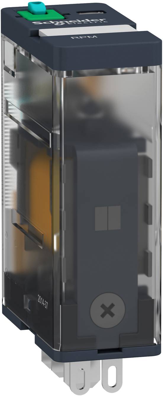 Transparent electrical relay or relay module with dark casing, exposed internal components, and metal mounting terminals at the bottom.