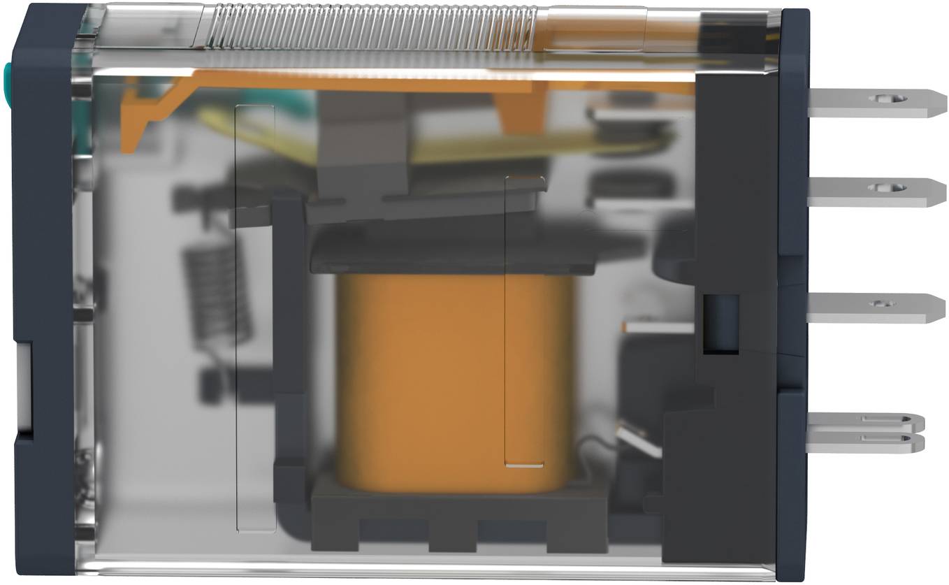 Cutaway of an electromagnetic relay showing the coil, spring-loaded armature, and three electrical terminals inside a transparent housing.