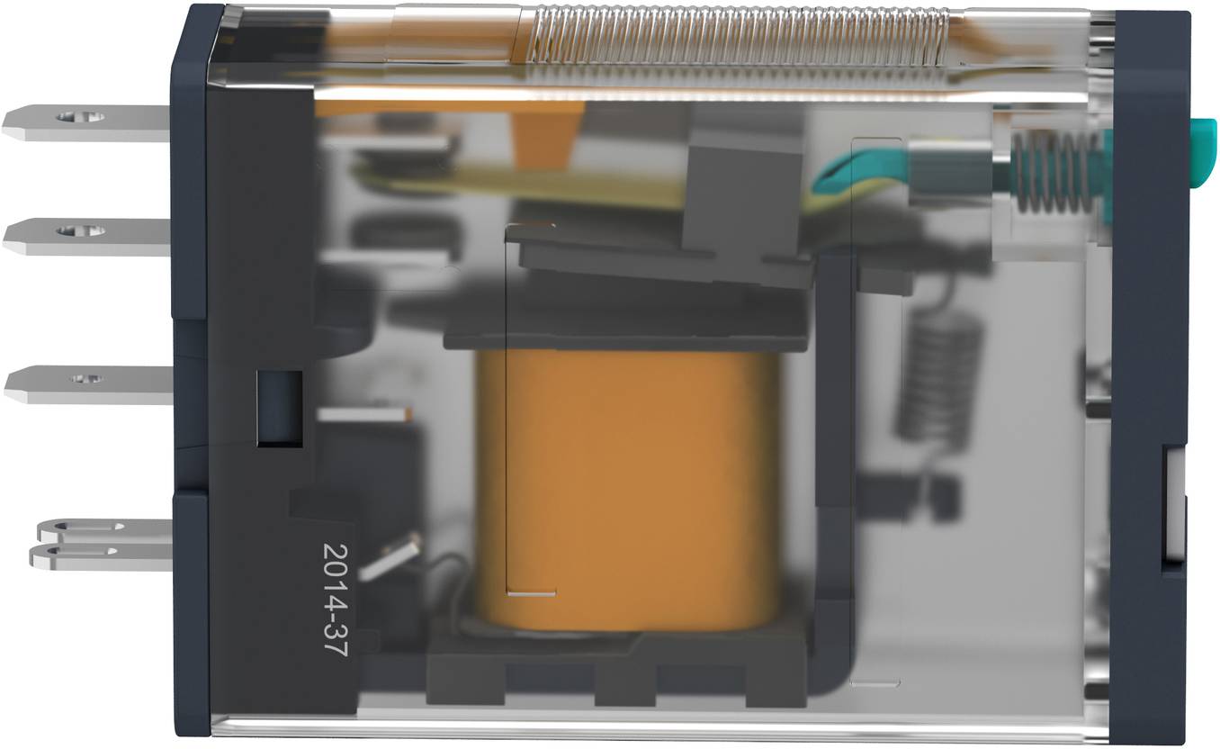 Cutaway view of an electromechanical relay showing coil, spring, moving contacts, and side terminals inside a clear plastic housing.