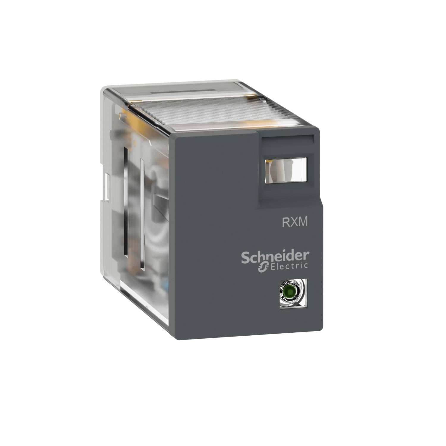 Schneider Electric RXM plug-in relay module in a clear case with dark gray front panel and indicator window.