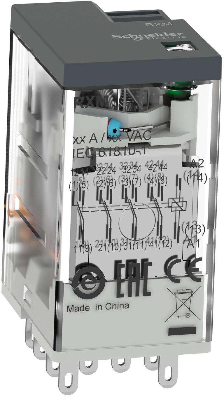 Schneider Electric plug-in relay with transparent case showing internal contacts and wiring diagram, labeled '24V AC/DC' and 'Made in China'.