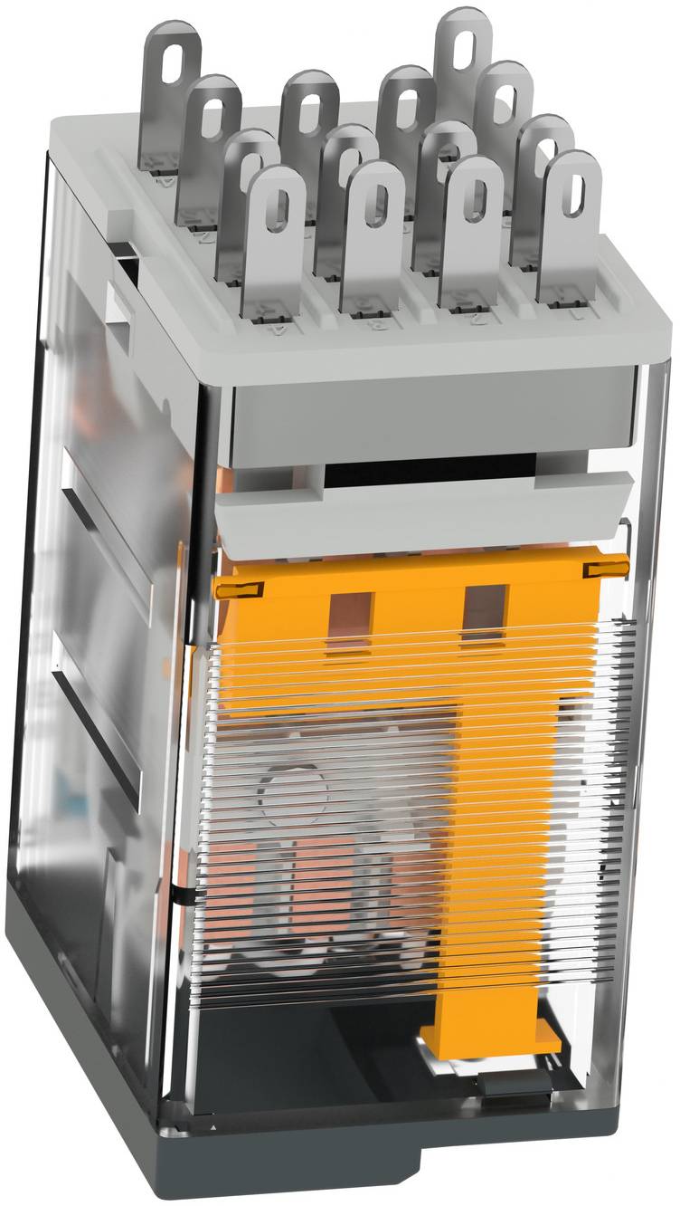 Transparent industrial relay or power module with multiple metal terminal pins on top and visible orange internal components inside a gray housing<br>