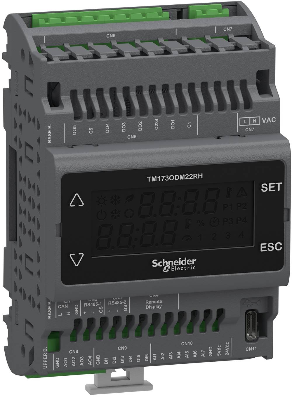 Schneider Electric TM1730DM22RH industrial control module with digital display and terminal connectors for DIN rail mounting.