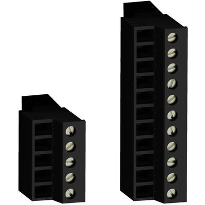 Two black electrical connector blocks with rows of metal screw terminals, one smaller and one larger, shown on a white background.