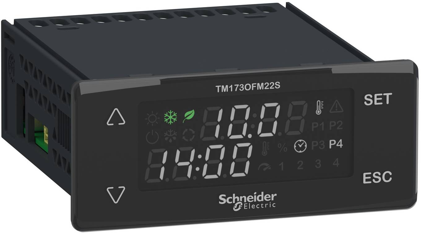 Schneider Electric digital temperature controller with dual LED displays showing 10.0 and 14:00, and SET and ESC buttons on the right.