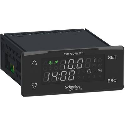 Schneider Electric digital temperature controller with dual LED displays showing 10.0 and 14:00, and SET and ESC buttons on the right.