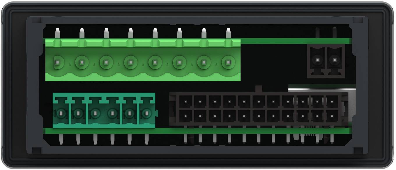 Close-up of a black computer power connector showing green and black pin sockets inside the plug.