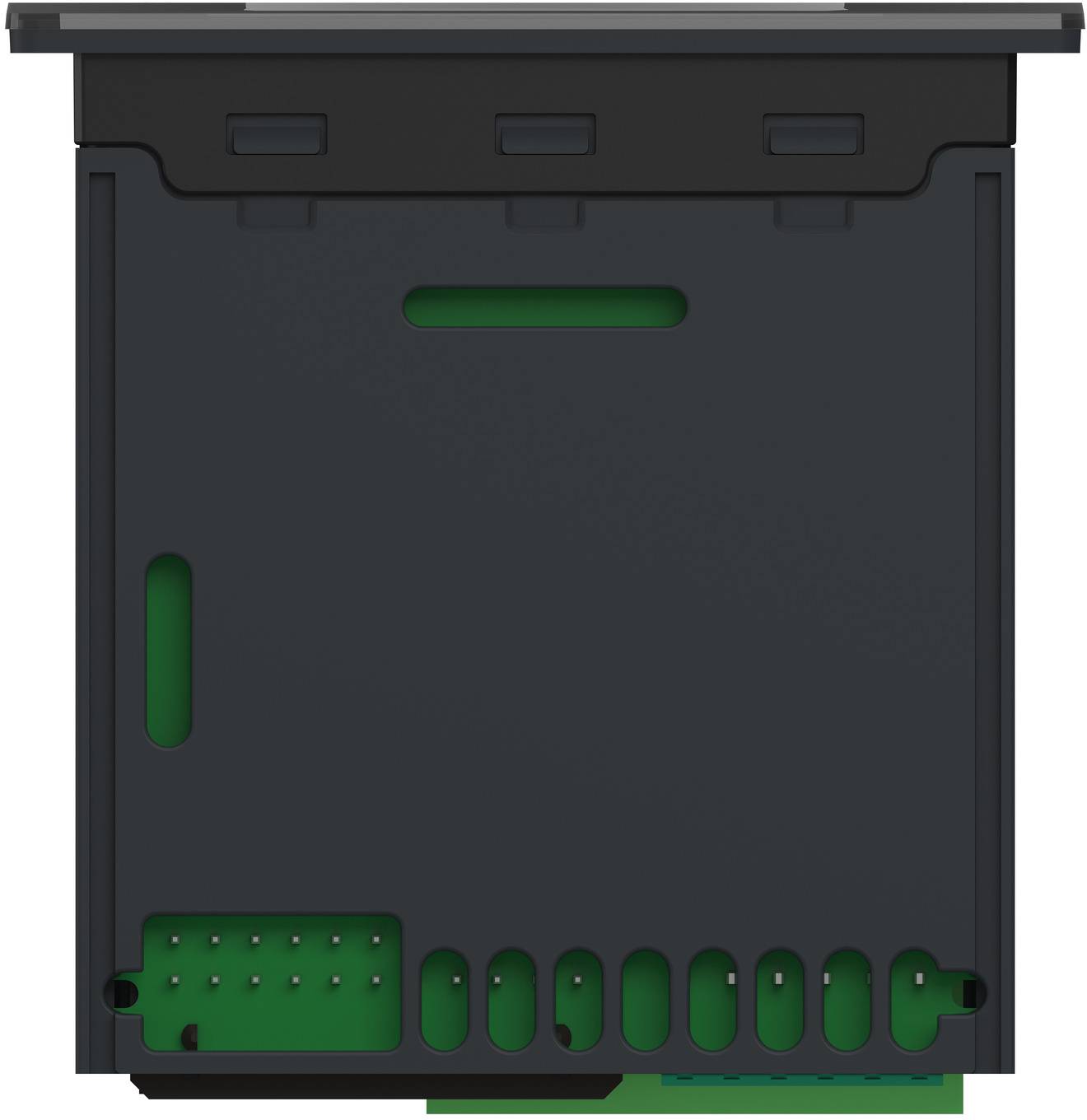 Black electronic enclosure with vent slots and green circuit board visible at the bottom<br>