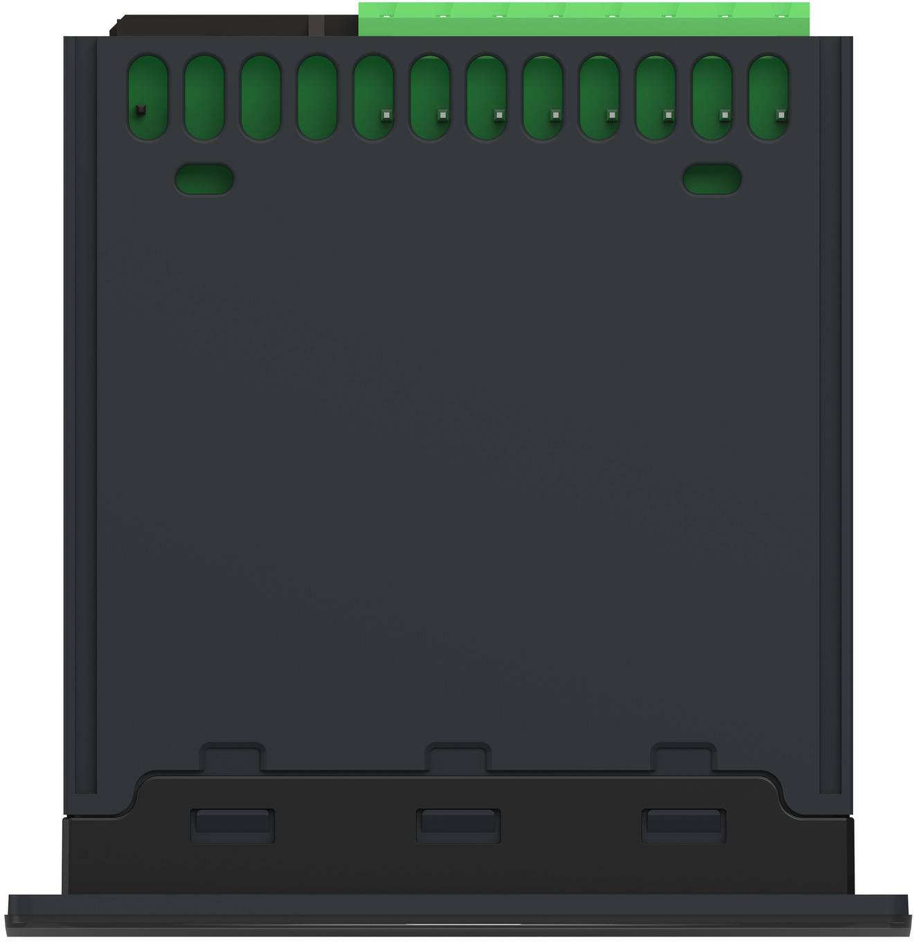 Rear view of a black electronic module or enclosure with ventilation slots along the top and a green circuit board peeking out.