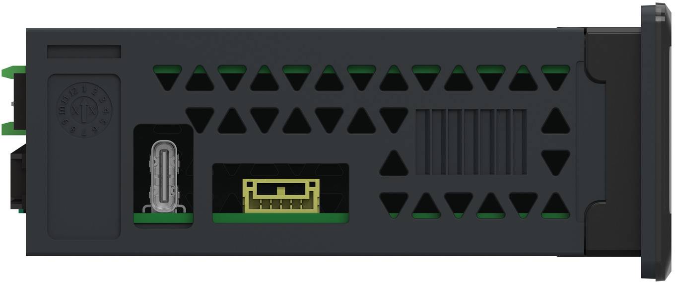 Rear panel of a black electronic device with a USB-C port, yellow Ethernet port, ventilation slots, and side cables connected.
