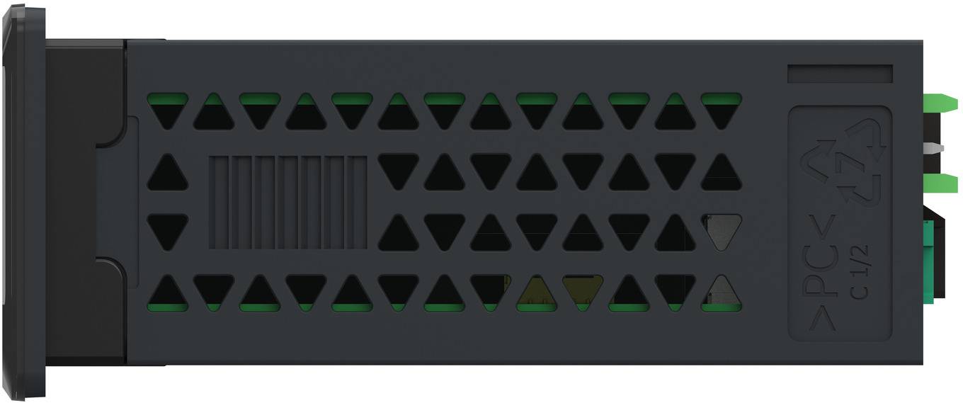 Black rectangular electronic module with vented triangular cutouts and green connector tabs on the right, labeled 'PCV 1/2'.
