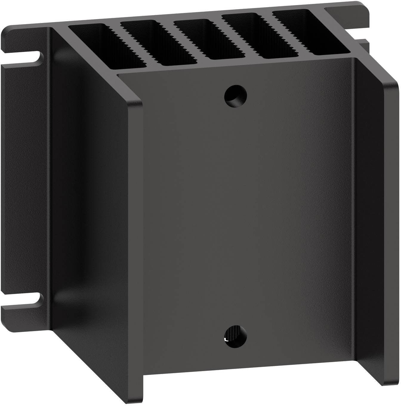 Black finned metal heat sink or enclosure with two mounting holes, shown front view on a white background.