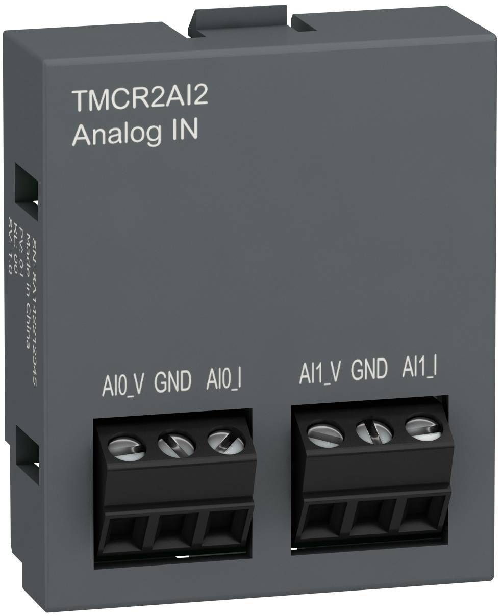 TMCR2AI2 analog input module with two 3-screw terminal blocks labeled AIO_V, GND, AIO_I and AI1_V, GND, AI1_I.