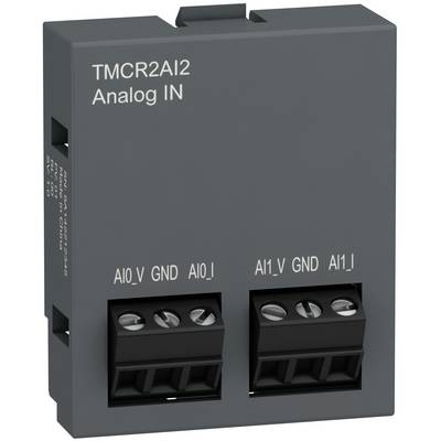 TMCR2AI2 analog input module with two 3-screw terminal blocks labeled AIO_V, GND, AIO_I and AI1_V, GND, AI1_I.
