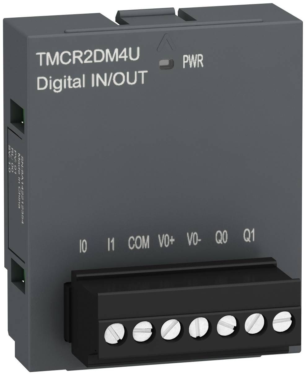 Industrial TMCR2DM4U Digital IN/OUT module with PWR indicator and seven screw terminals labeled IO, I1, COM, VO+, VO-, Q0, Q1.