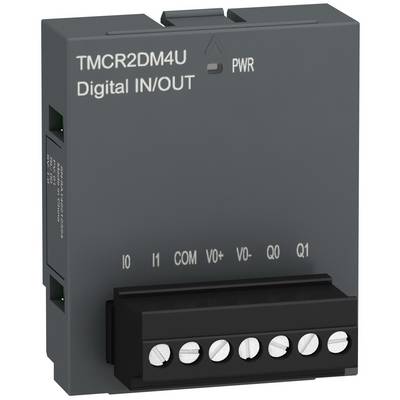 Industrial TMCR2DM4U Digital IN/OUT module with PWR indicator and seven screw terminals labeled IO, I1, COM, VO+, VO-, Q0, Q1.