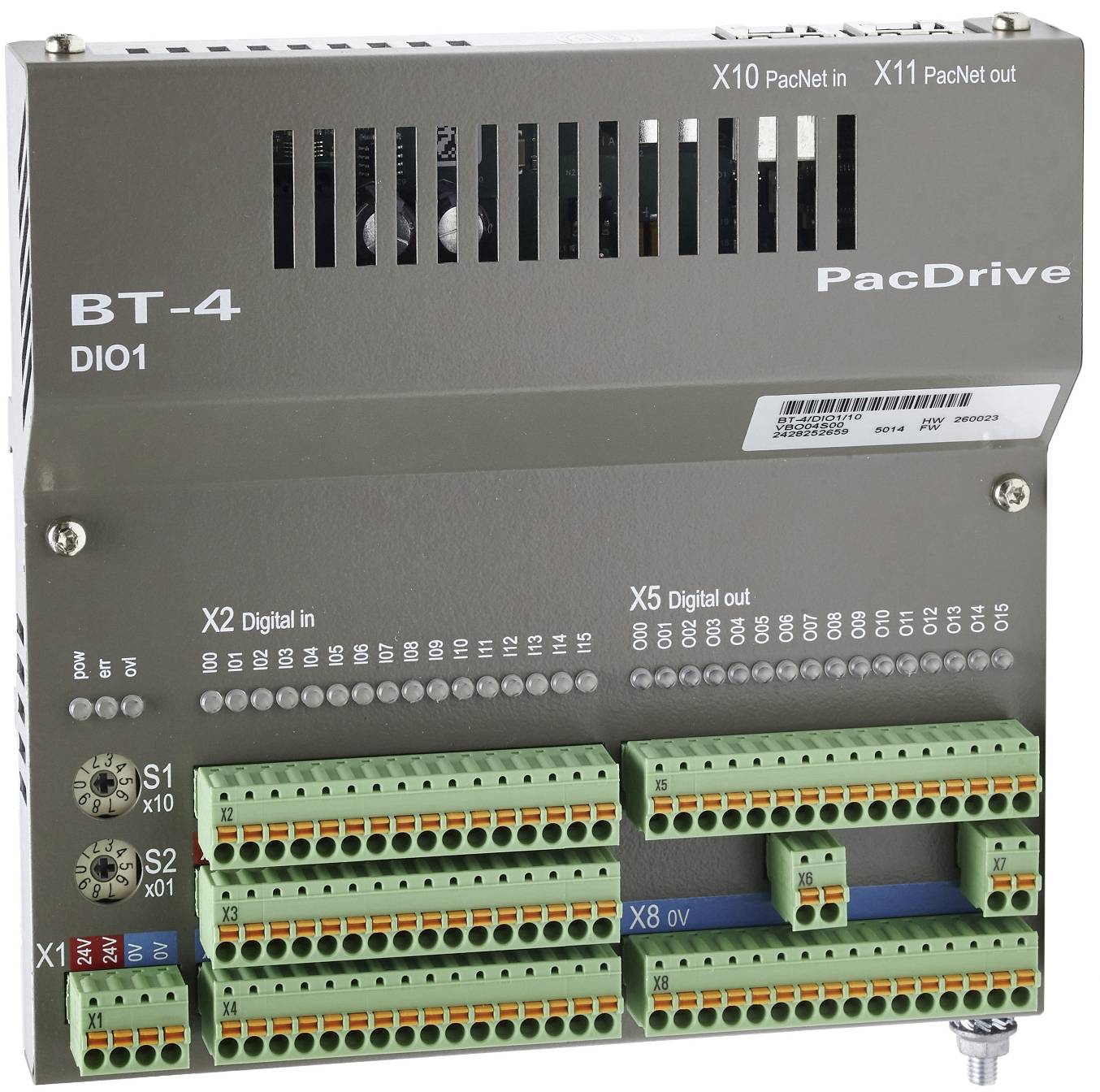 Industrial BT-4 DIO1 PacDrive module with labeled digital input and output terminal blocks and status indicators on the front panel.