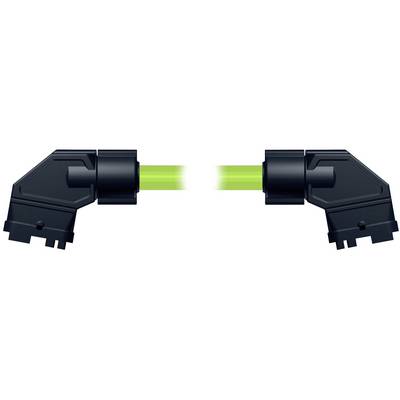 Two black angled pipe connectors face each other, joined by a glowing green beam or flow between them.