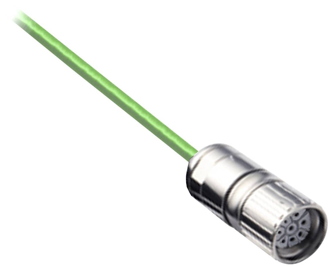 Close-up of a green fiber-optic cable with a silver connector on the end.
